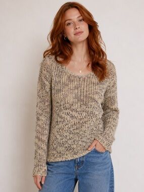 Buffalo David Bitton Sweater Womens Brown Cream Marled Eyelash Knit Size Small‎